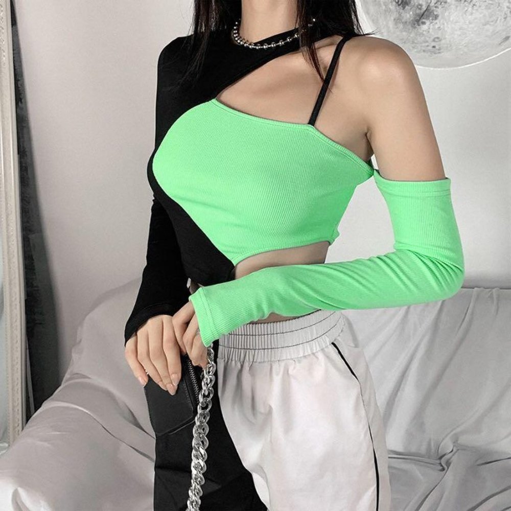 3 for $15 Neon Green and Black Asymmetric Cutout Long Sleeve Crop Top